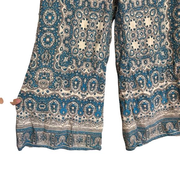 Feather Bone Blue White Wide Leg Pants Womens Sz 6 Paisley Boho Maximalist Loose - Picture 6 of 16
